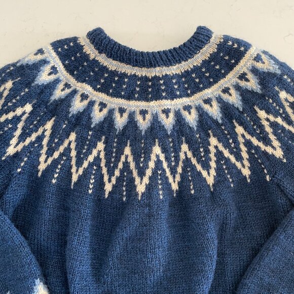 Hand Crafted Fair Isle Inspired Hand Knit Crew Neck Cardigan Blue & Cream OS - Picture 8 of 10